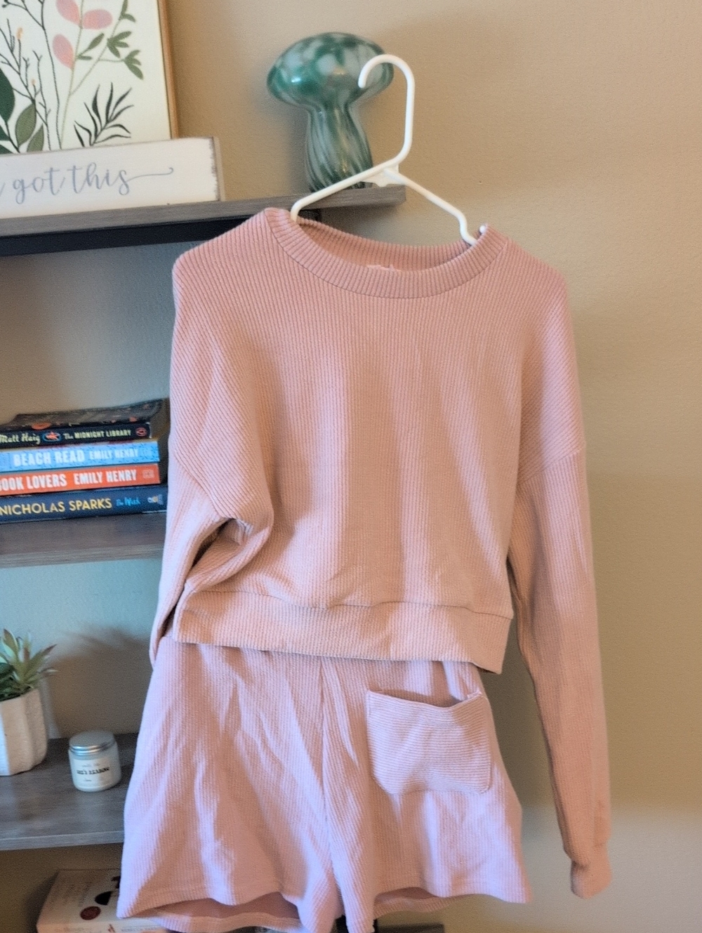 Pink Lily Dusty Pink Ribbed Crewneck Sweat Set Top